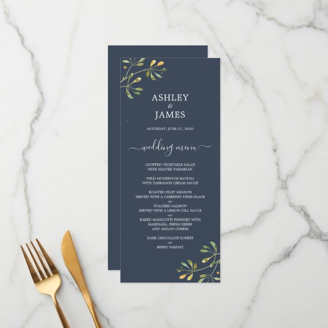 Chic Foliage Dark Blue Botanical Wedding Menu (Front/Back In Situ)