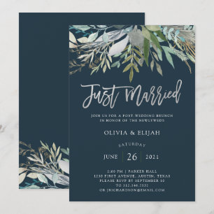 Chic Foliage Dark Blue Just Married Invitation