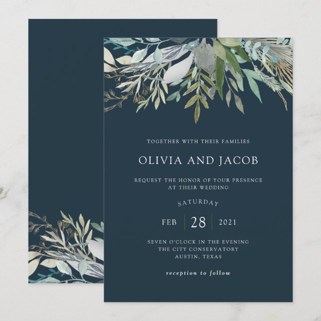 Chic Foliage | Dark Blue Wedding Invitation (Front/Back)