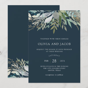 Chic Foliage Dark Blue Wedding Invitation