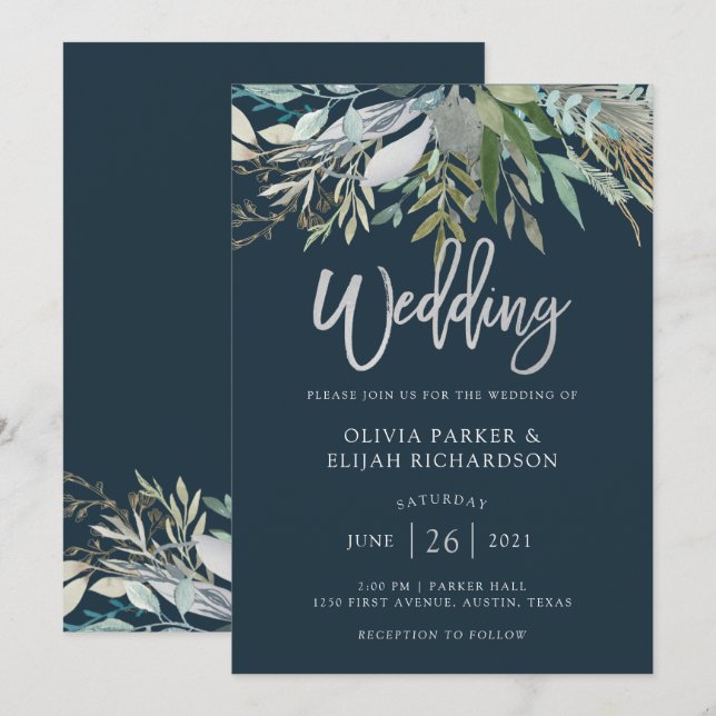 Chic Foliage | Dark Blue Wedding Invitation (Front/Back)