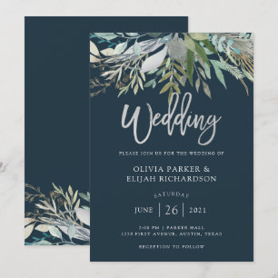 Chic Foliage Dark Blue Wedding Invitation