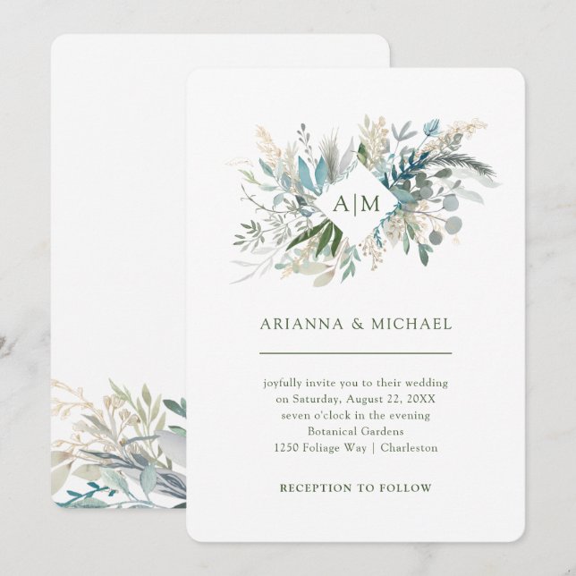 Chic Foliage | Monogram Wedding Invitation (Front/Back)