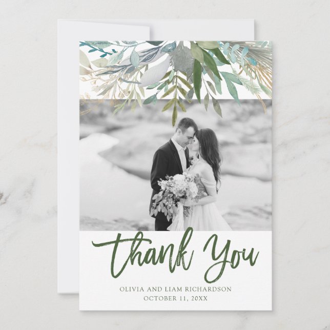 Chic Foliage | Photo Wedding Thank You Card (Front)