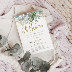 Chic Foliage   Twins Baby Shower and Gold Script Invitation