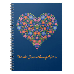 Chic Folk Art Style Floral Heart on Blue Notebook