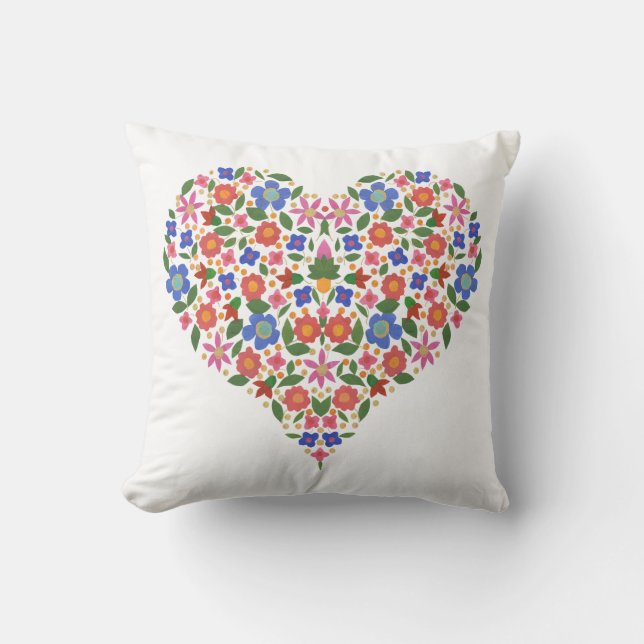 Chic Folk Art Style Floral Heart on White Cushion (Front)