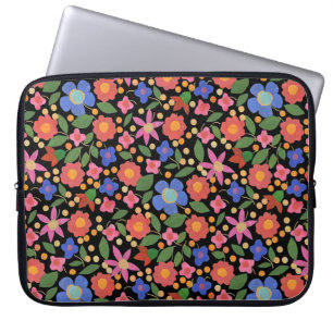Chic Folk Art Style Floral on Black Laptop Sleeve