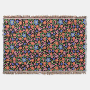 Chic Folk Art Style Floral on Black Throw Blanket