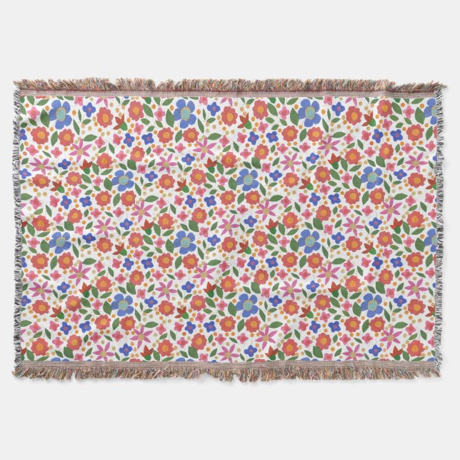 Chic Folk Art Style Floral on White Throw Blanket (Front)