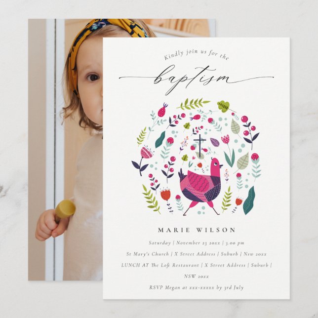 Chic Folk Farm Floral Birdie Photo Baptism Invite (Front/Back)