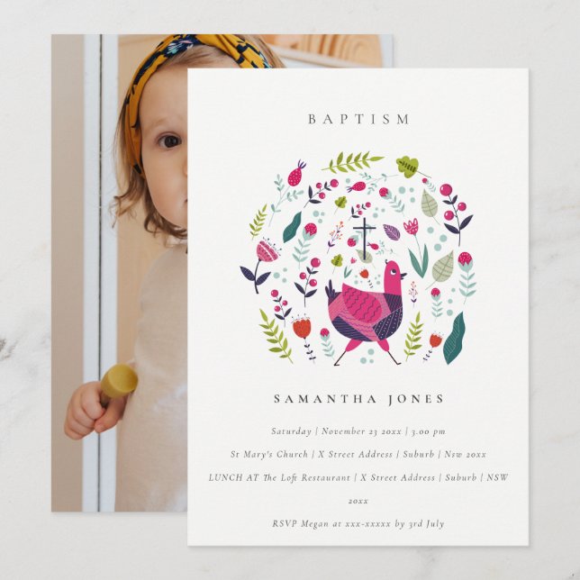 Chic Folk Farm Floral Birdie Photo Baptism Invite (Front/Back)
