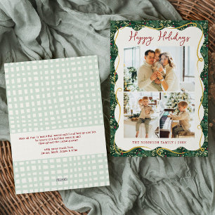 Chic Forest Green Botanical Happy Holidays 3 Photo Holiday Card
