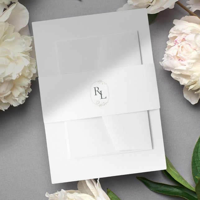 Chic Forest Green Floral Monogram Wedding Envelope Invitation Belly Band (Creator Uploaded)