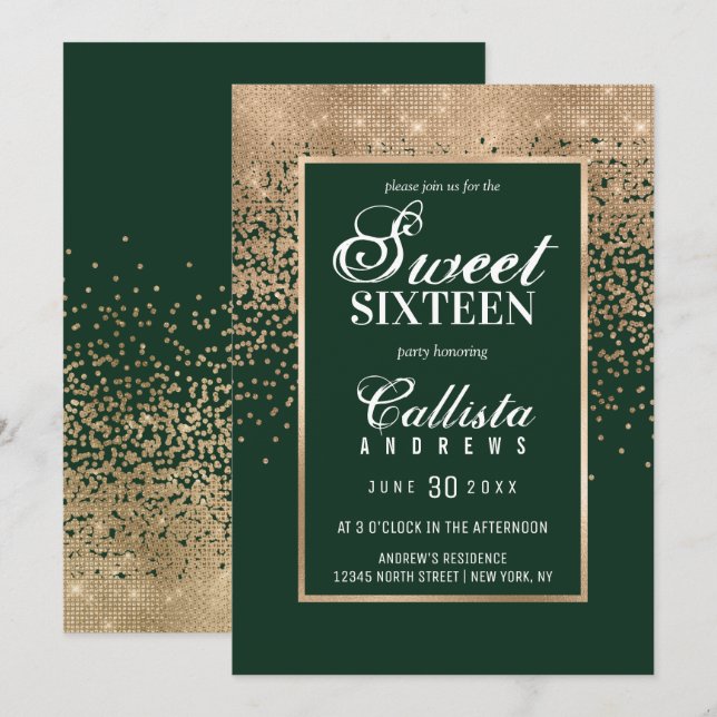 Chic Forest Green Gold Glitter Confetti Sweet 16 Invitation (Front/Back)