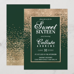 Chic Forest Green Gold Glitter Confetti Sweet 16 Invitation