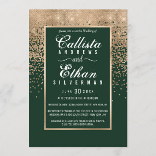 Chic Forest Green Gold Glitter Confetti Wedding Invitation