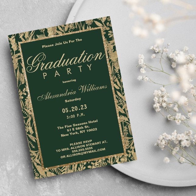 Chic forest green gold glitter floral Graduation Invitation (Chic forest green gold glitter floral Graduation )