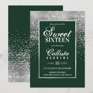 Chic Forest Green Silver Glitter Confetti Sweet 16 Invitation