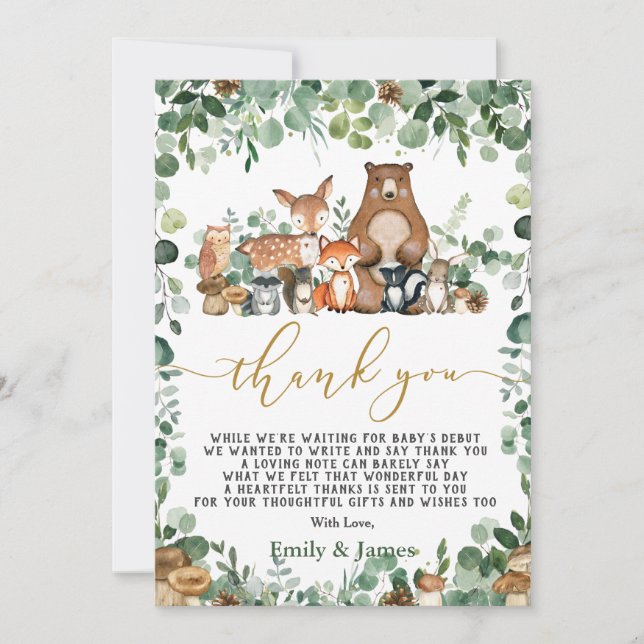 Chic Forest Greenery Woodland Animals Baby Shower Thank You Card (Front)