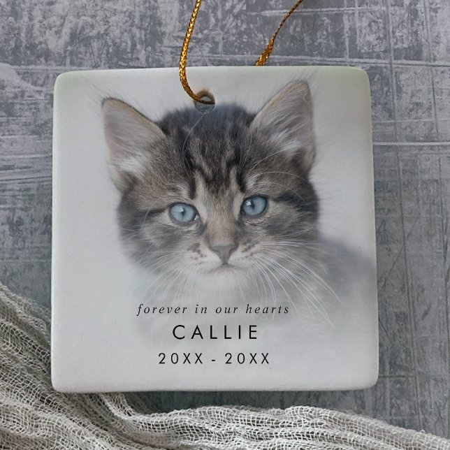 Chic Forever in Our Hearts Photo Cat Memorial Ceramic Ornament (Creator Uploaded)