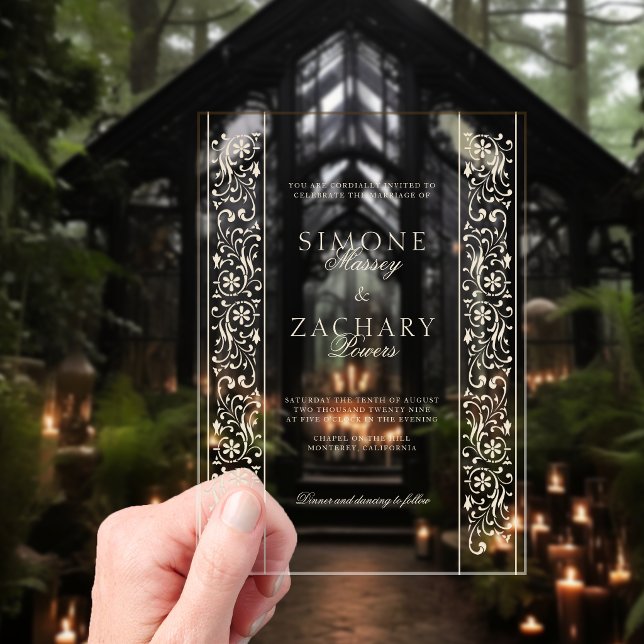 Chic Formal Ecru Scrollwork Border Wedding Acrylic Invitations (Creator Uploaded)