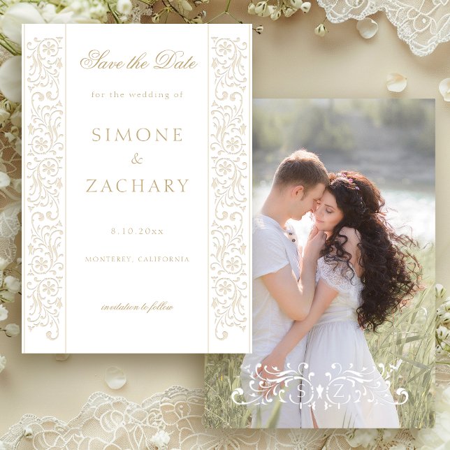 Chic Formal Ecru Scrollwork Border Wedding Save The Date (Creator Uploaded)