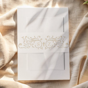 Chic Formal Ecru Scrollwork Monogram Wedding Invitation Belly Band