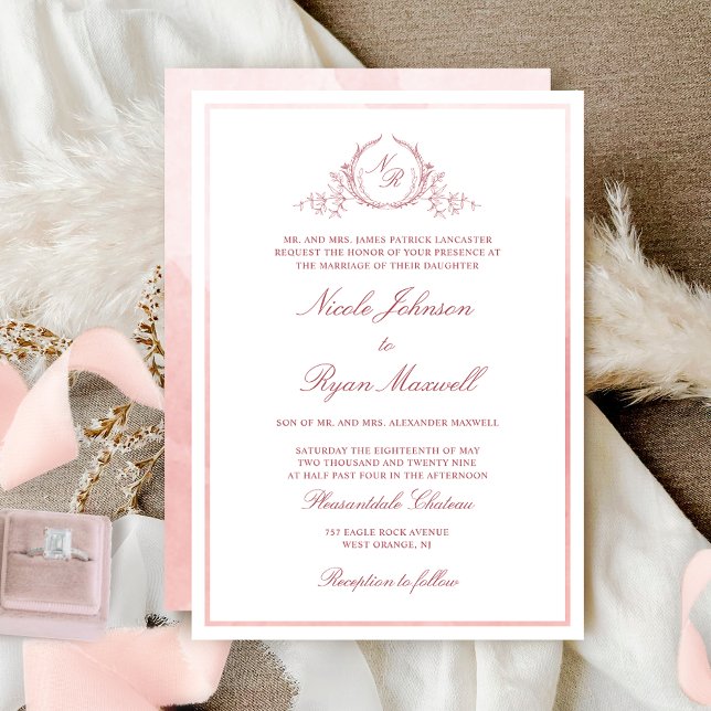 Chic Formal Monogram Blush Pink Watercolor Wedding Invitation (Creator Uploaded)
