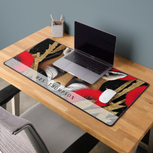 Chic Fox Red Flowers Gold Glitters Personalised Desk Mat