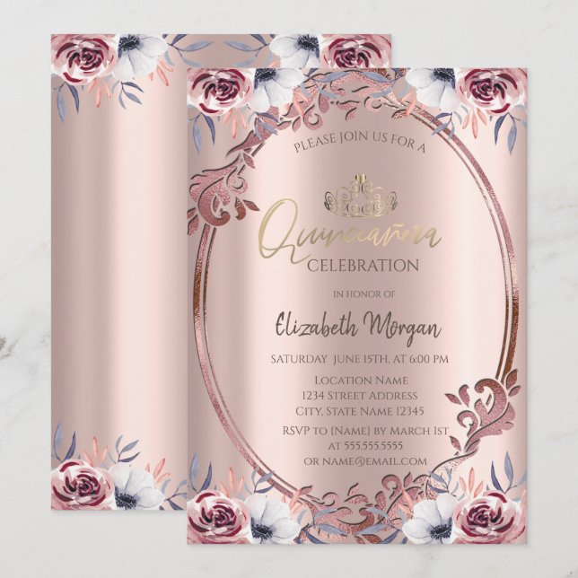 Chic Frame Boho Flowers Quinceañera Invitation (Front/Back)