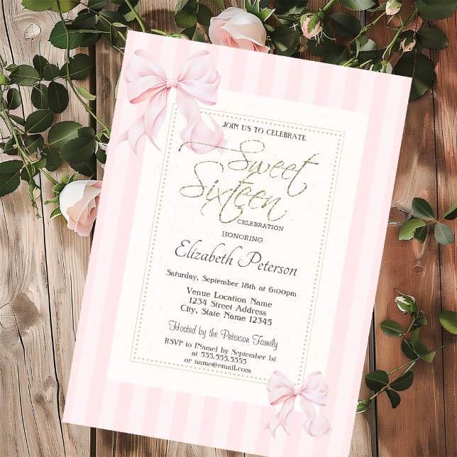 Chic Frame Pink Bow Striped Sweet 16 Invitation (Creator Uploaded)