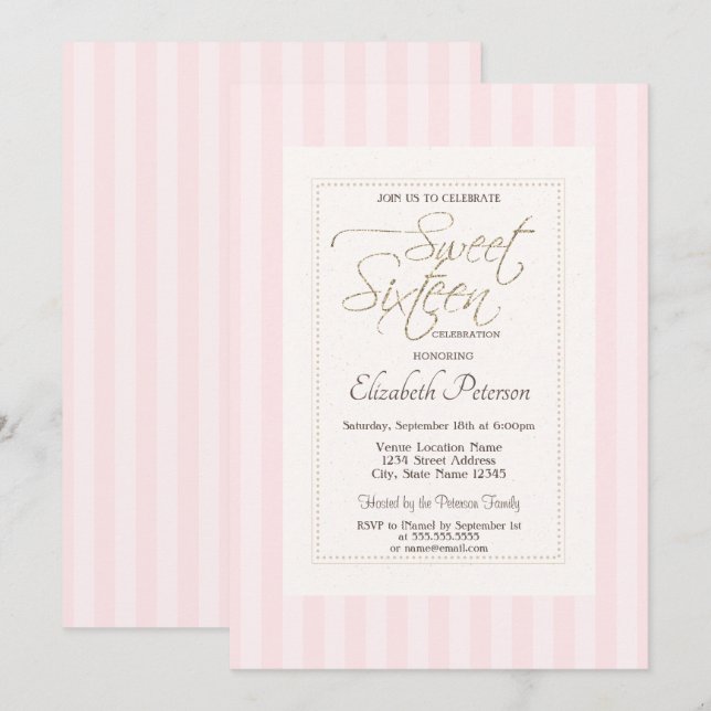 Chic Frame Pink Striped Sweet 16 Invitation (Front/Back)