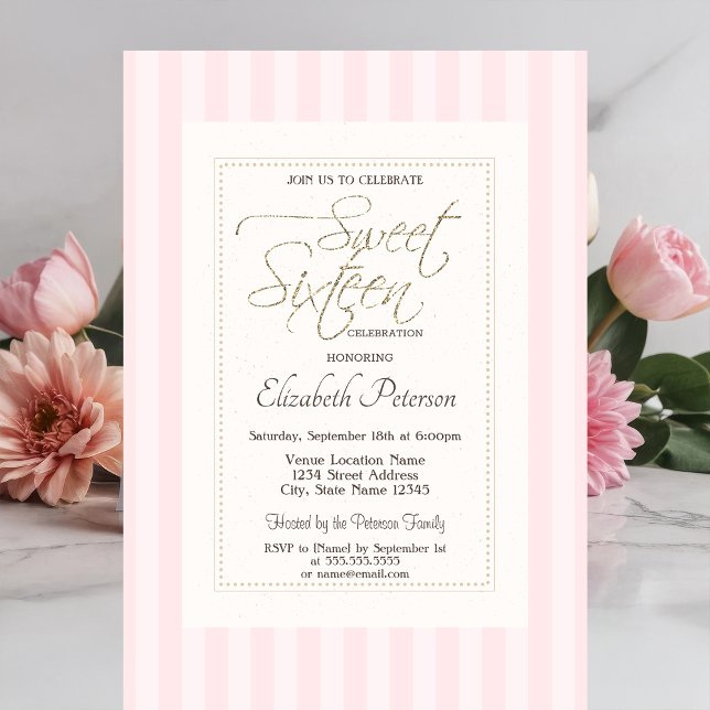 Chic Frame Pink Striped Sweet 16 Invitation (Creator Uploaded)