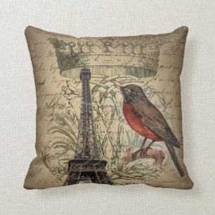 Chic French Bird Modern Vintage Paris Eiffel tower Cushion