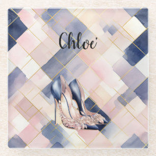 Chic French Blue Cream Blush High Heels Glass Coaster