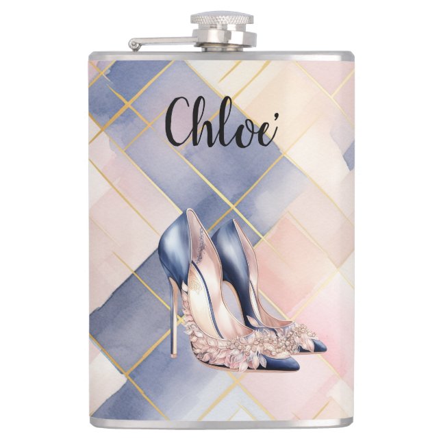 Chic French Blue Cream Blush High Heels Hip Flask (Front)