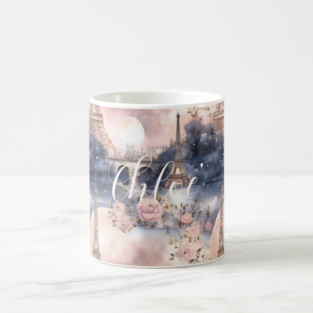Chic French Blue Pink Paris Eiffel Tower Coffee Mug (Center)