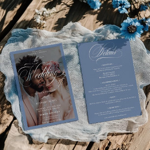 Chic French Blue Script All in One Photo Wedding Invitation