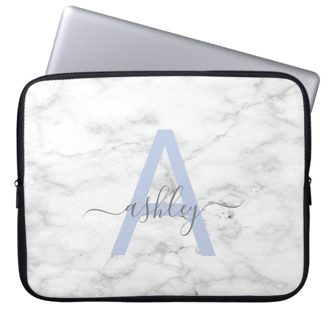 Chic French Blue White Marble Script Name Monogram Laptop Sleeve (Front)