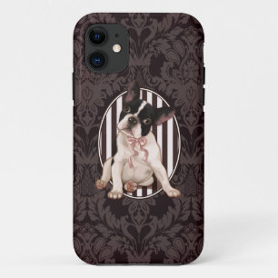 Chic french bulldog and black damask iPhone 11 case
