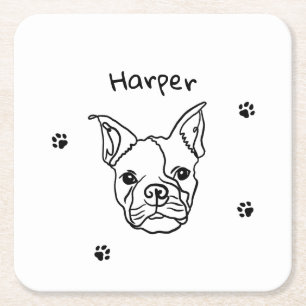 Chic French Bulldog Line Art: Edit Your Text Square Paper Coaster