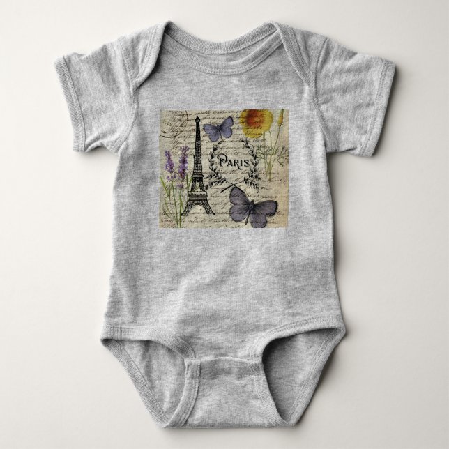 chic french butterfly scripts paris eiffel tower baby bodysuit (Front)