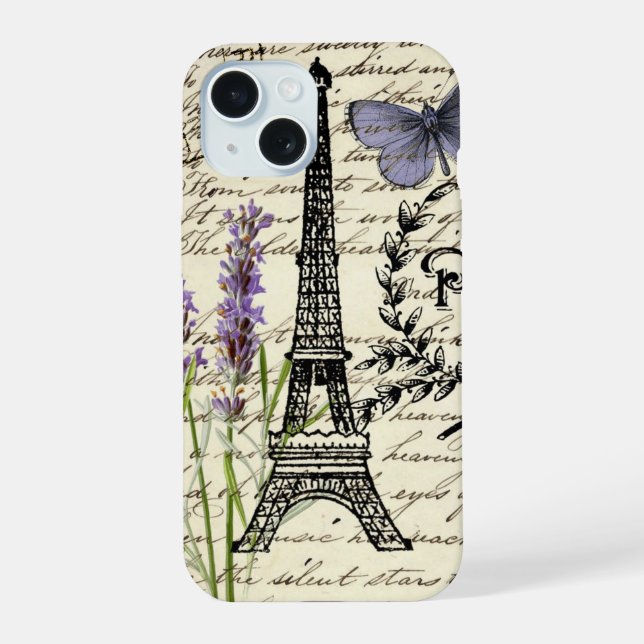 chic french butterfly scripts paris eiffel tower iPhone 15 case (Back)