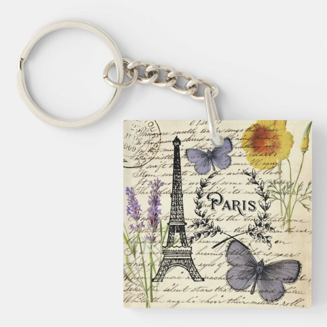 chic french butterfly scripts paris eiffel tower key ring (Front)