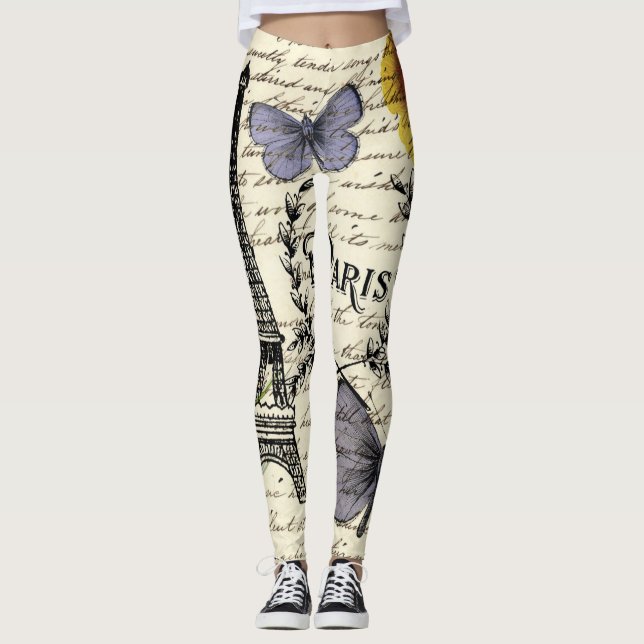 chic french butterfly scripts paris eiffel tower leggings (Front)