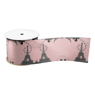 Chic French pink grey vintage paris eiffel tower  Satin Ribbon