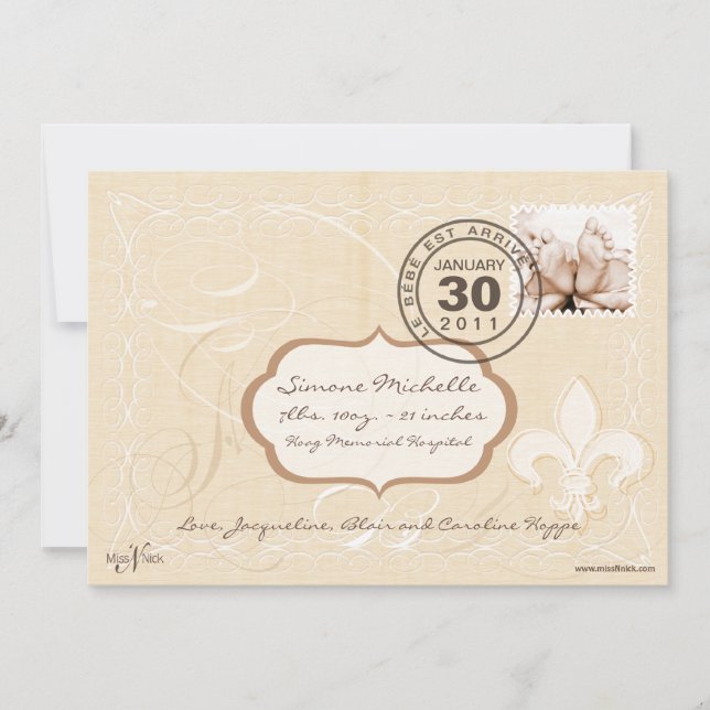 Chic French Romance Birth Announcement (Front)