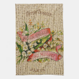 Chic french scripts victorian floral wreath Paris Tea Towel