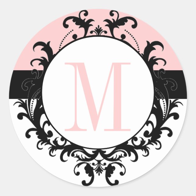 Chic French Wedding Monogram M Damask Pink Label (Front)